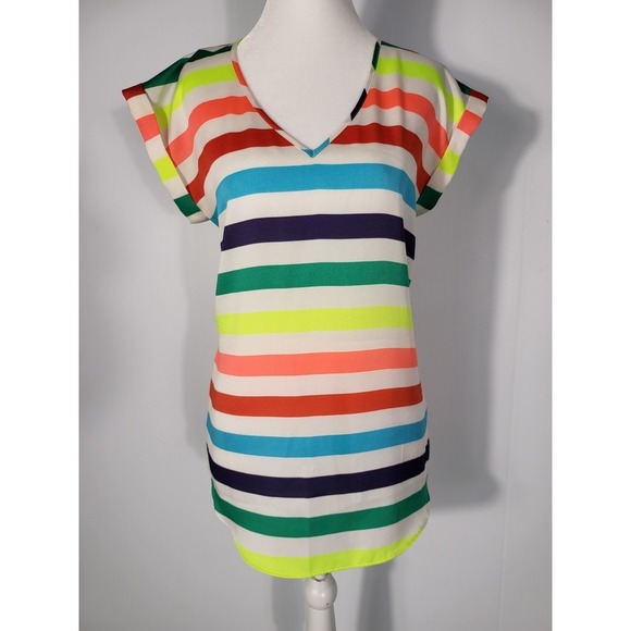 Express Rainbow Striped V- Neck Gramercy Tee Size M - Picture 1 of 6